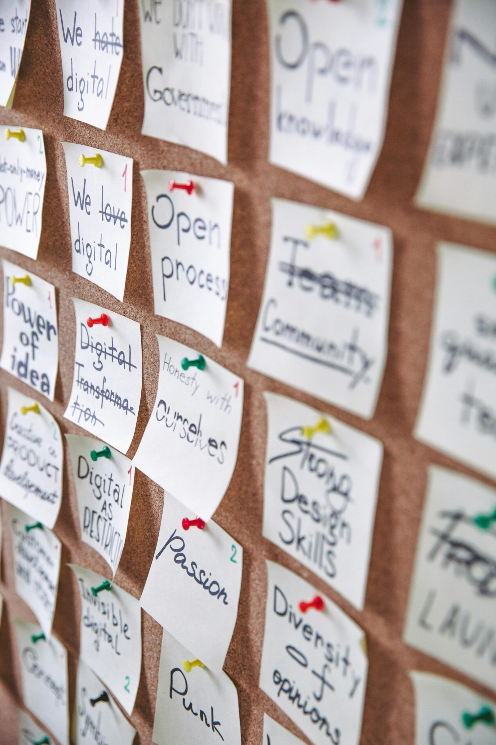 Home Colorful sticky notes pinned to a cork board for strategic planning and idea collection.